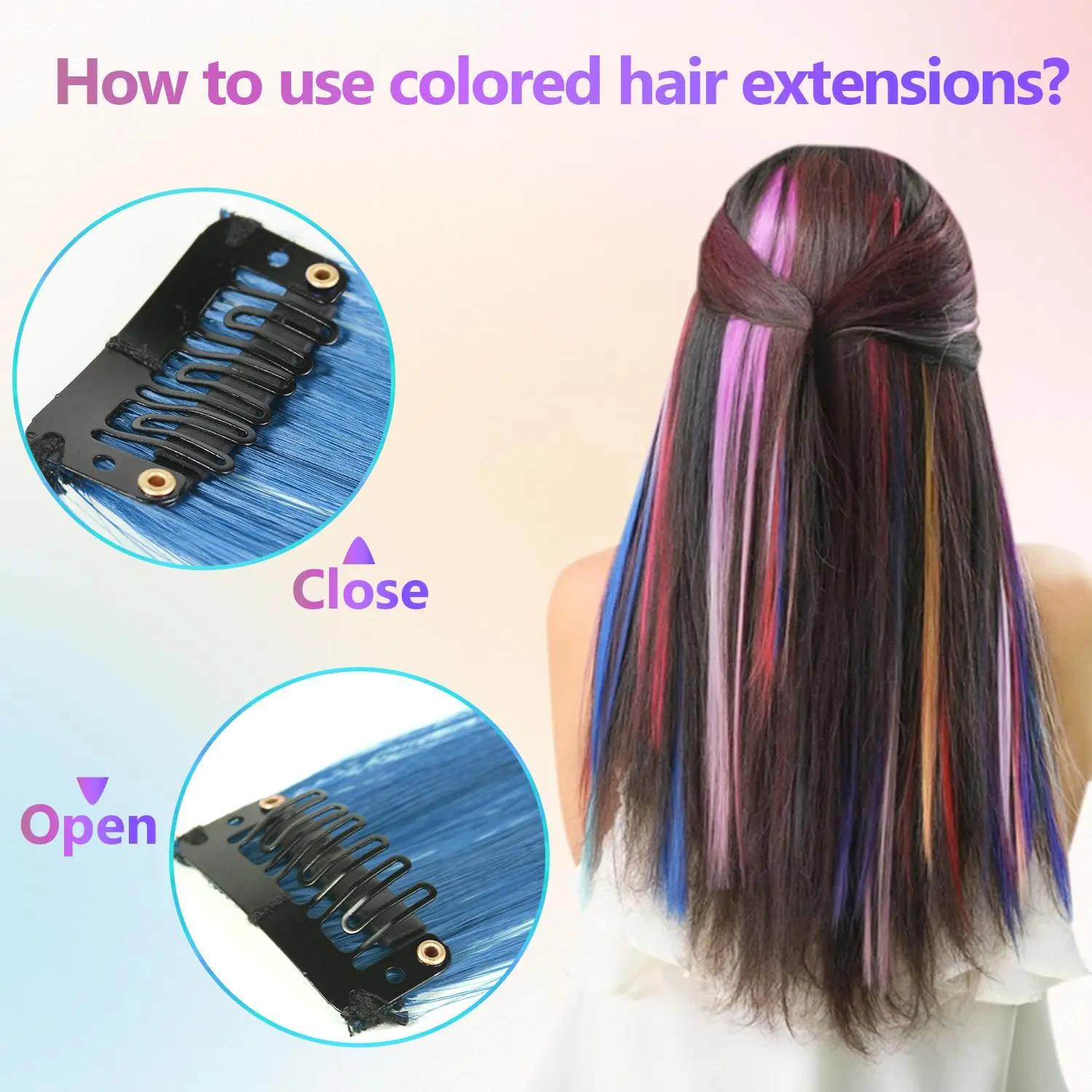 Extensions de cheveux synthétiques colorées à clips, 5 pièces, Extensions de cheveux colorées arc-en