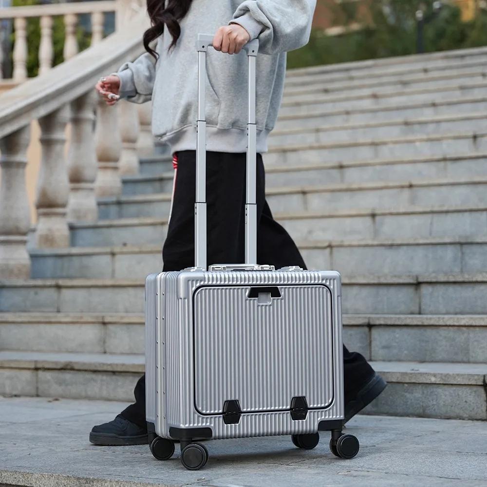 Valise de poche à ouverture avant, cadre en alliage d'aluminium, bagages roulants de 18 pouces, sacs