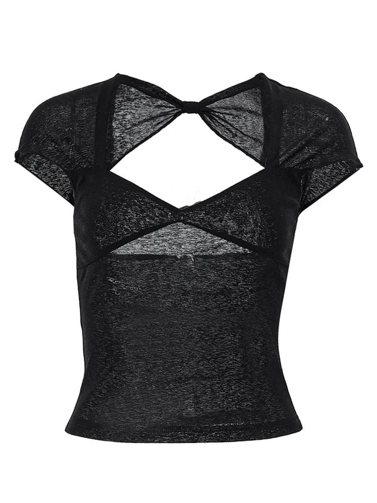 Haut court à manches courtes pour femmes, col carré, dos nu, t-shirts élégants, streetwear maigre, v