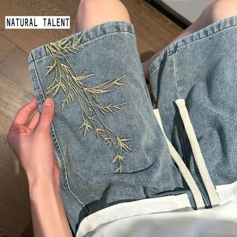 Shorts en jean brodés style chinois rétro délavé pour homme, nouvelle collection été 2026, coupe amp