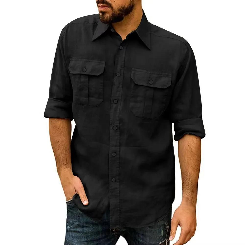 Chemise en coton et lin pour hommes, manches longues, couleur unie, hauts décontractés, revers, Doub