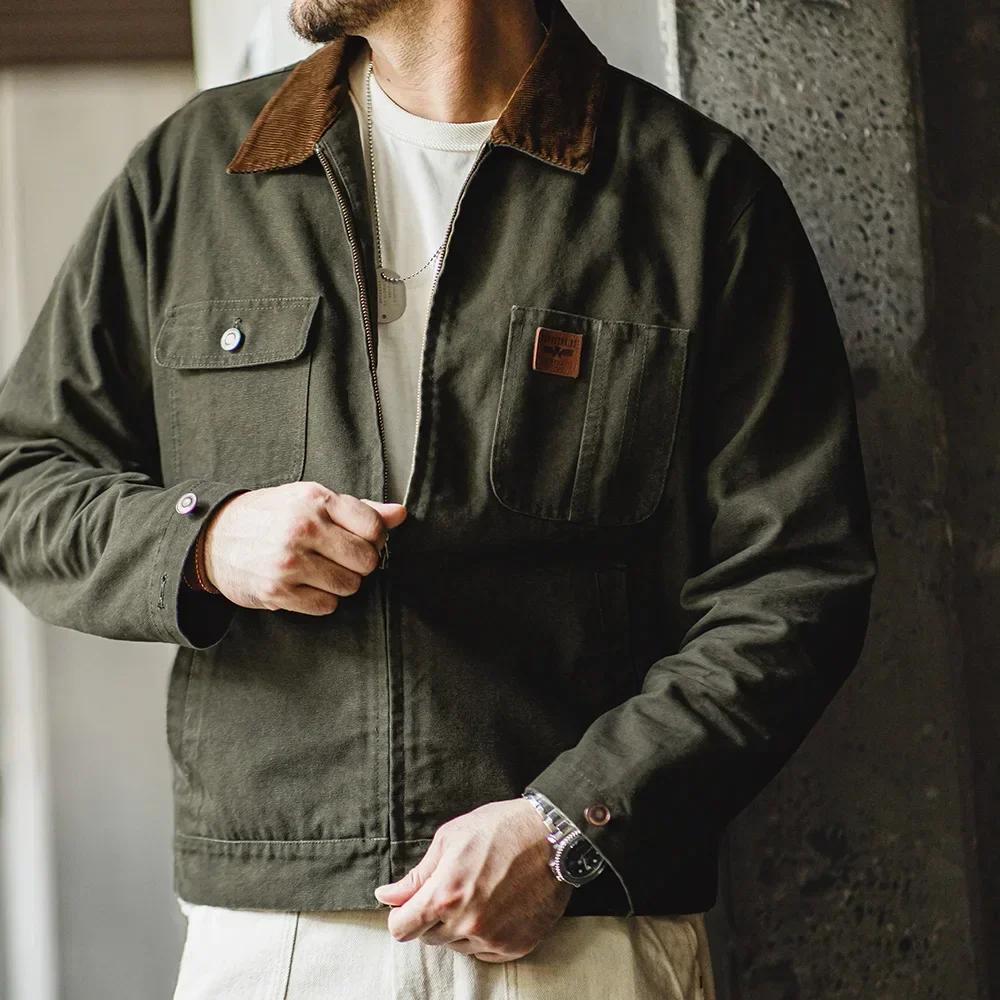 Maden-Veste en toile épaisse rétro pour homme, veste zippée courte avec poches, col en velours côtel