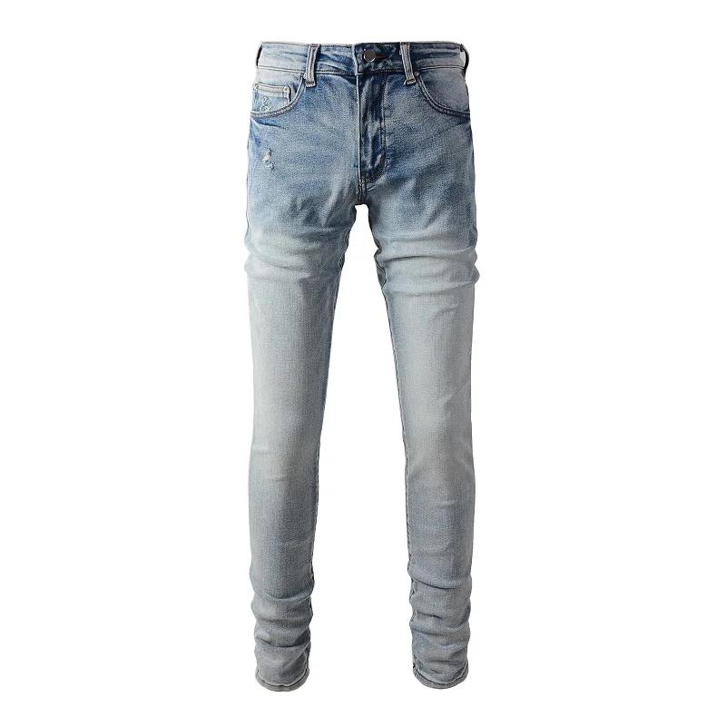 Jean classique en Denim extensible bleu clair pour hommes, Streetwear Vintage déchiré en coton, pant
