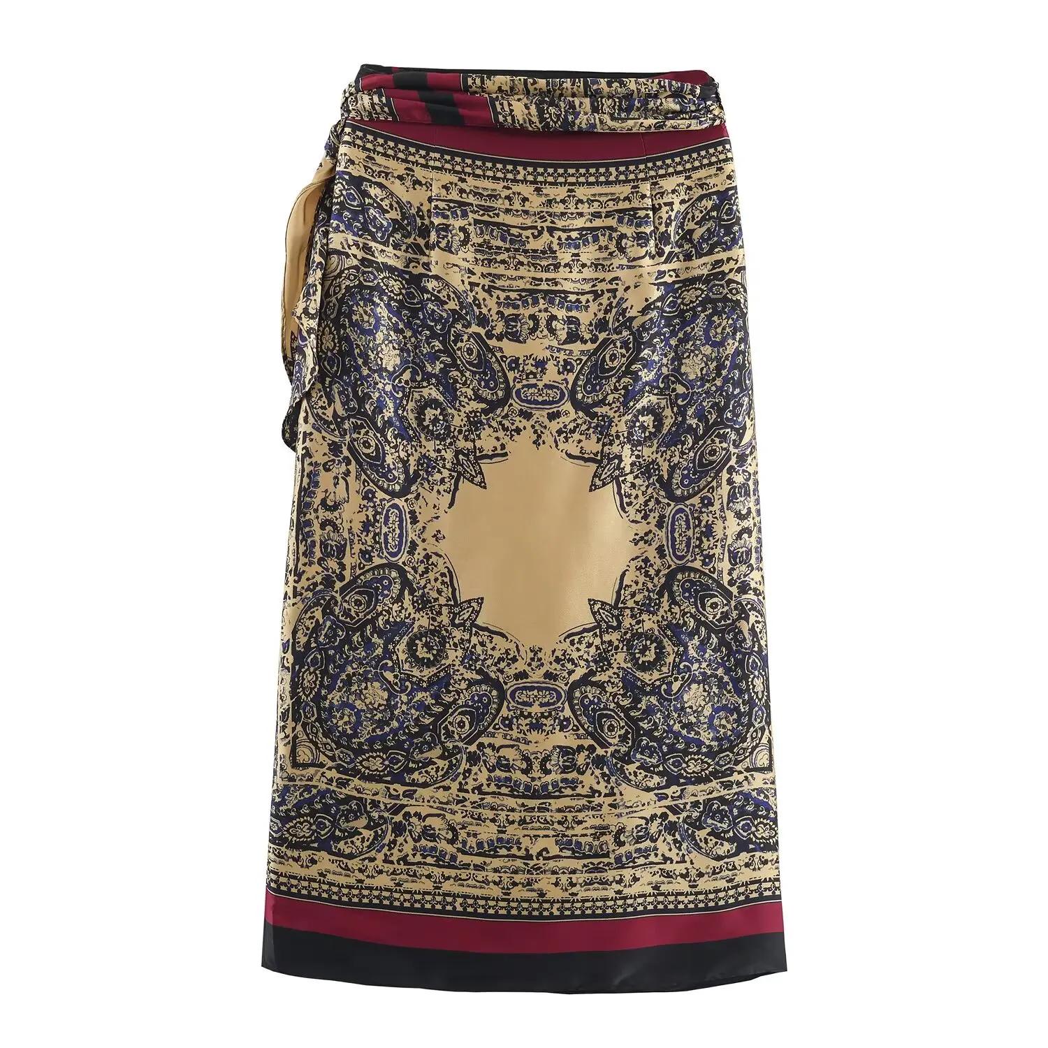 Demi-jupe imprimée Paisley rétro pour femmes, enveloppée dans une écharpe à bretelles avec taille ha
