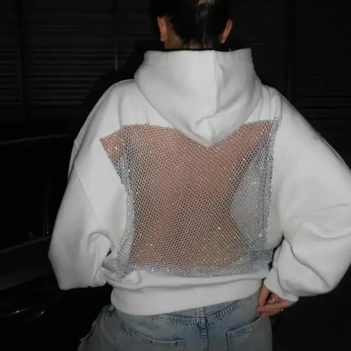 Sweat à capuche en maille creuse pour femmes, dos nu, manches longues, couleur unie, haut décontract