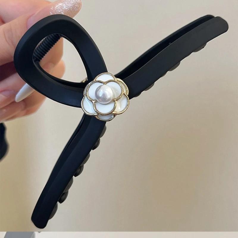 Grande pince à cheveux élégante noire mate en forme de camélia, style français, nouveau design, pinc