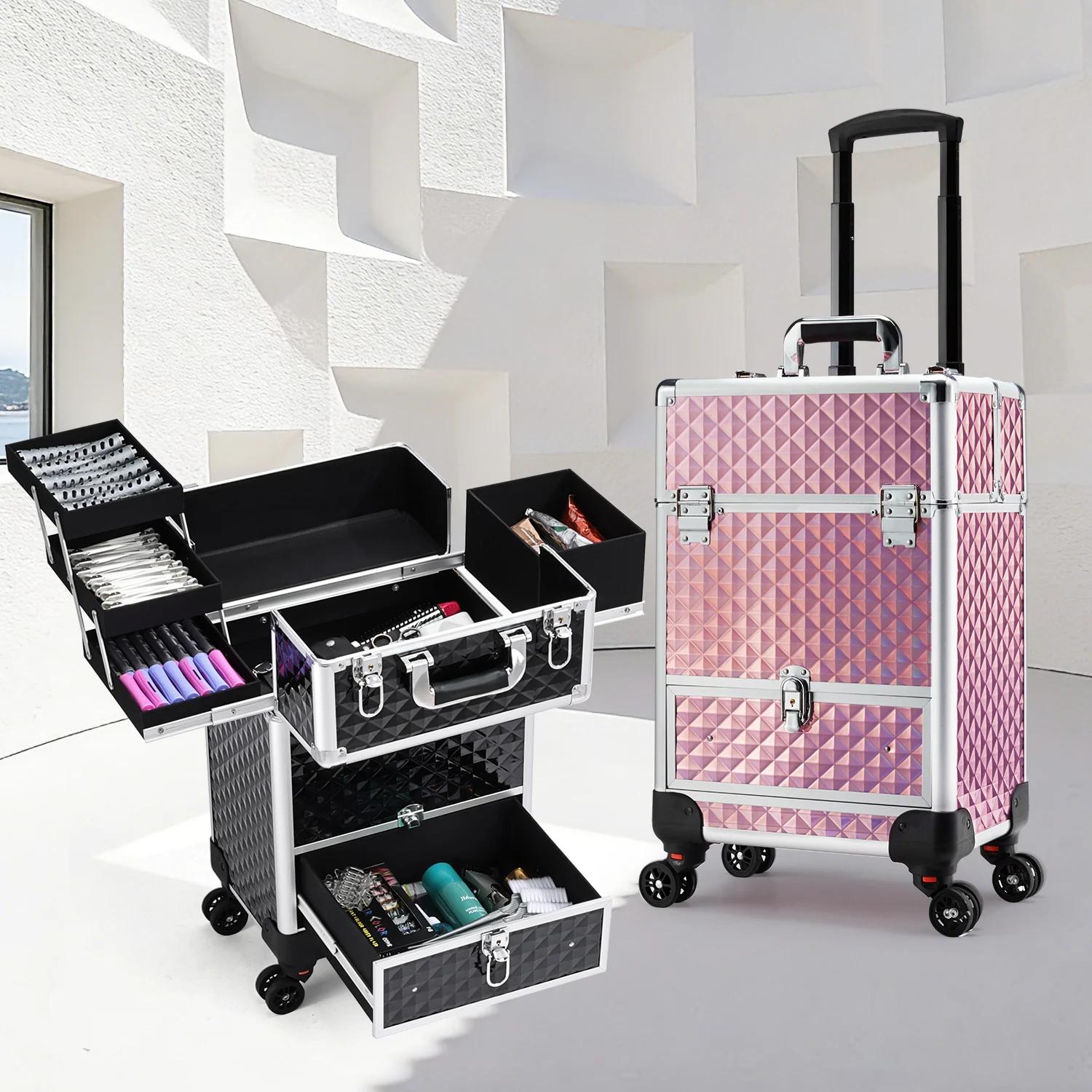 Trolley de Maquillage Roulant avec Tiroirs Coulissants et 4 Plateaux – Valise de Voyage pour Cosméti