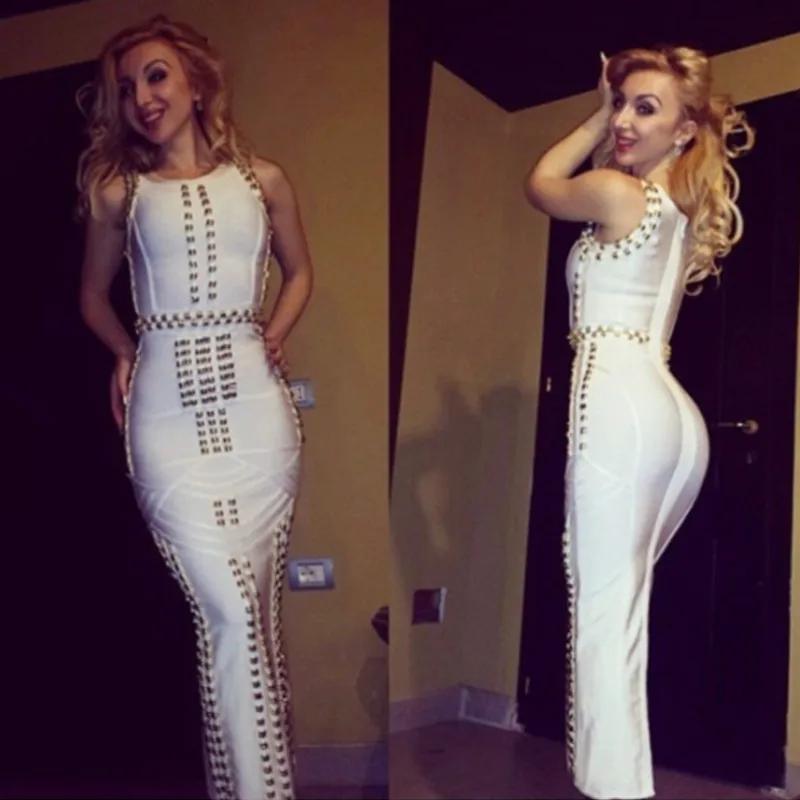 Style classique femmes sans manches col rond Sexy moulante pansement longue robe célébrité mode tapi