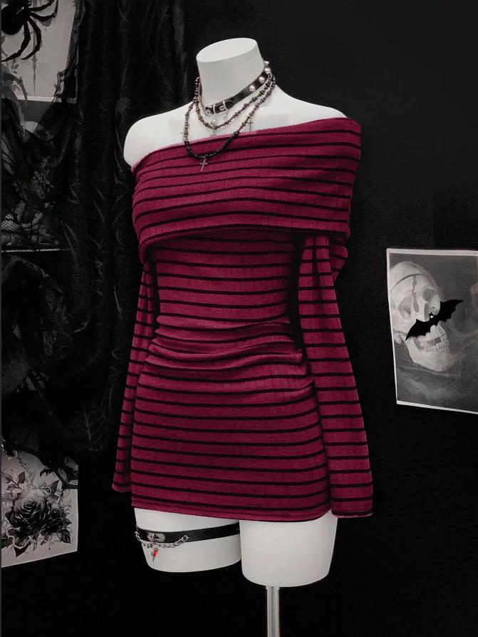 Jupe courte à imprimé rayé classique, style Y2K européen et américain, à une épaule, manches longues