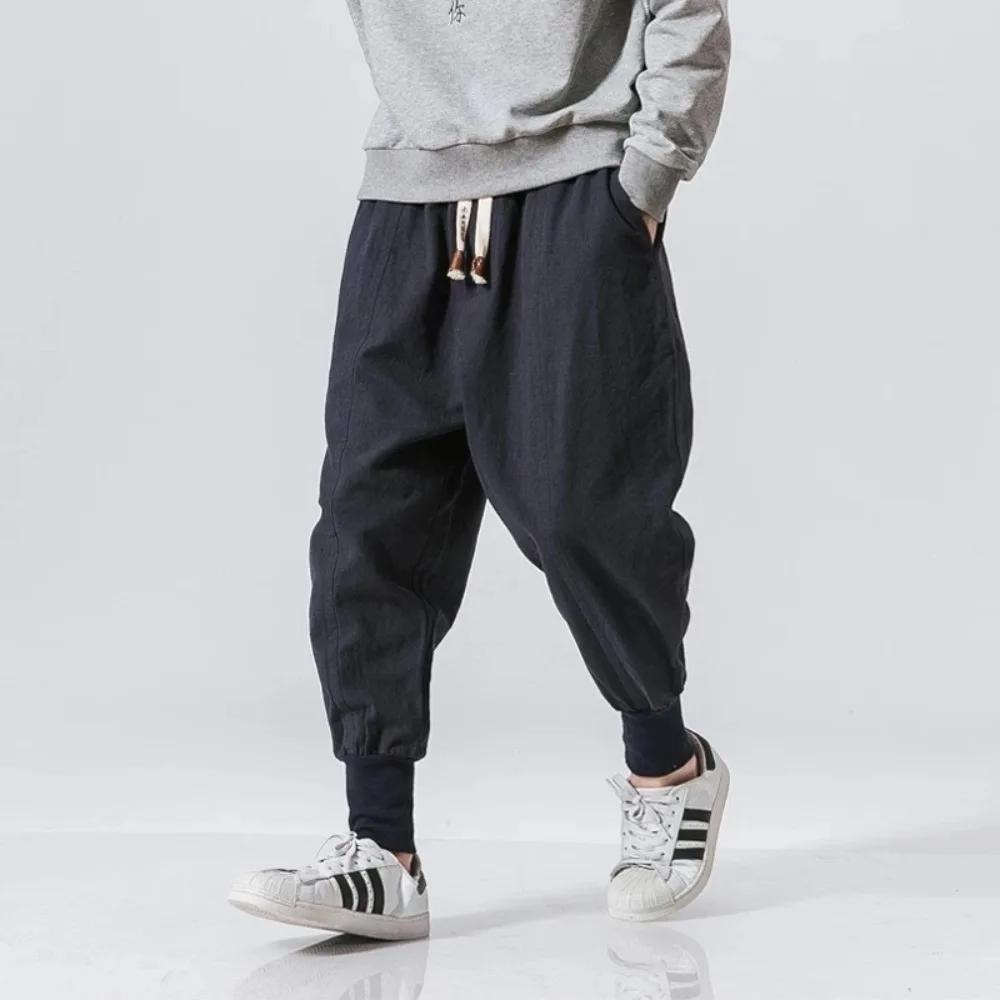 Coton lin sarouel hommes Streetwear Joggers nouveau Baggy goutte-entrejambe pantalon pantalon décont