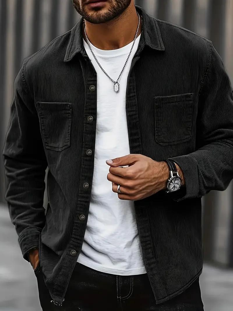 Chemise à manches longues en velours côtelé pour homme, col rabattu, poche poitrine, style décontrac