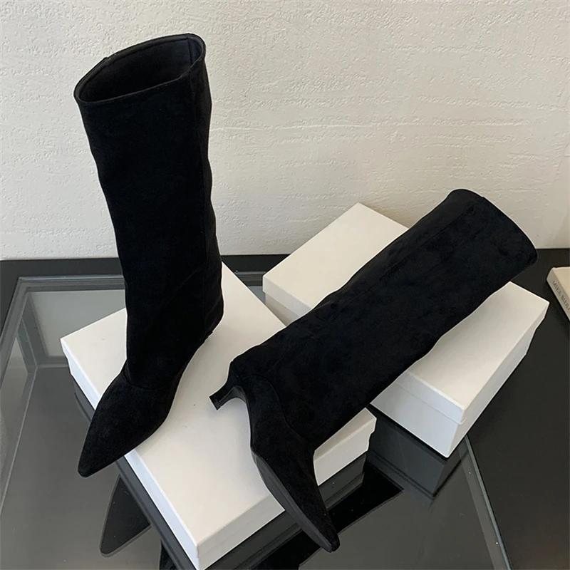 Automne hiver Style De rue bout pointu bottes hautes femmes talons bas chaussures femme chaussons lo