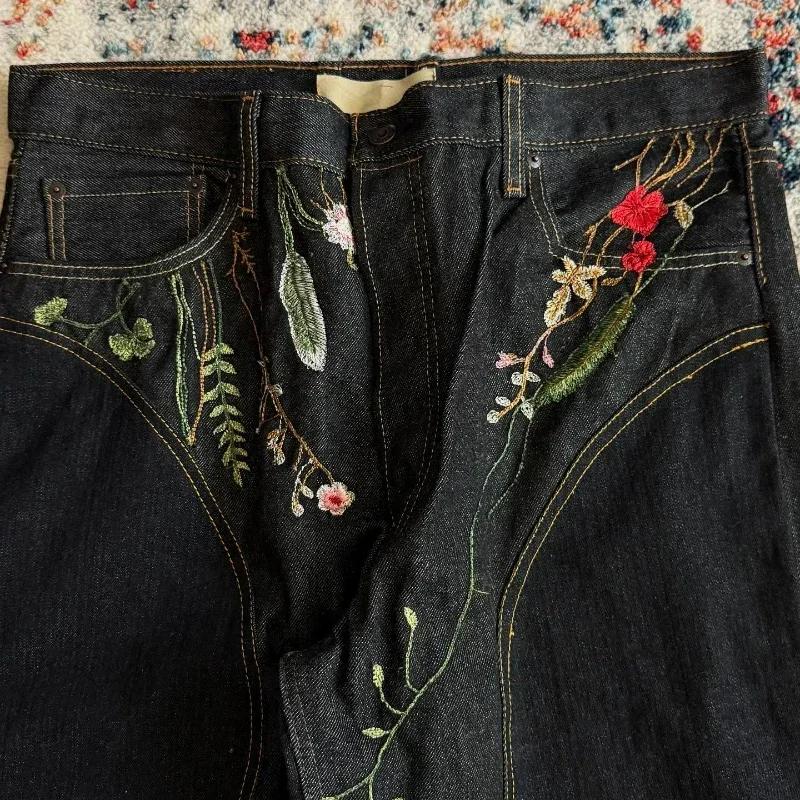 Nouveau jean baggy Y2K Harajuku Streetwear rétro à fleurs, broderie florale tendance, coutures épuré