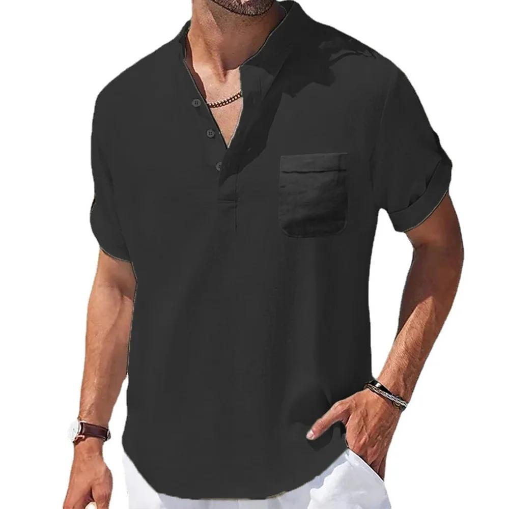 Été nouveaux hommes coton et lin chemises à manches courtes T-shirt col Henry décontracté hommes T-s