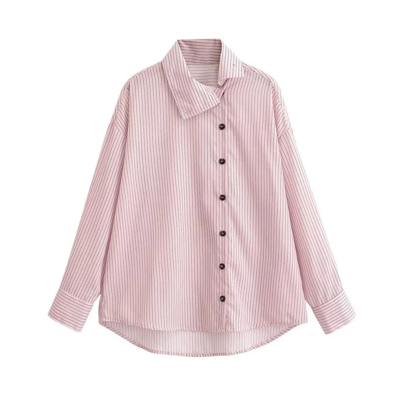 Chemise Femme Printemps 2026 Nouveau Style Rose Rayée Manches Longues Col Montant Boutonnage Simple 