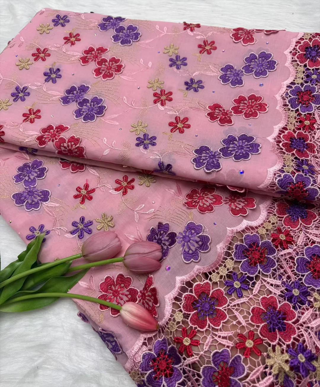 Voile suisse en dentelle suisse, avec des pierres appliquées de fleurs 3D, tissu africain en dentell