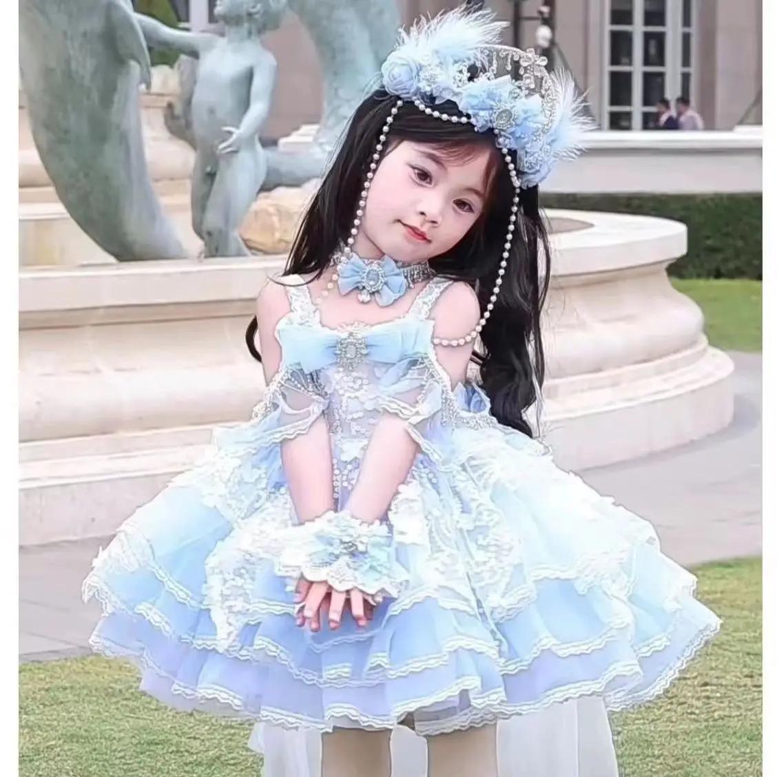 Robe d'été en dentelle pour petites filles, avec nœud bleu, brillante, princesse, robe de bal, gâtea