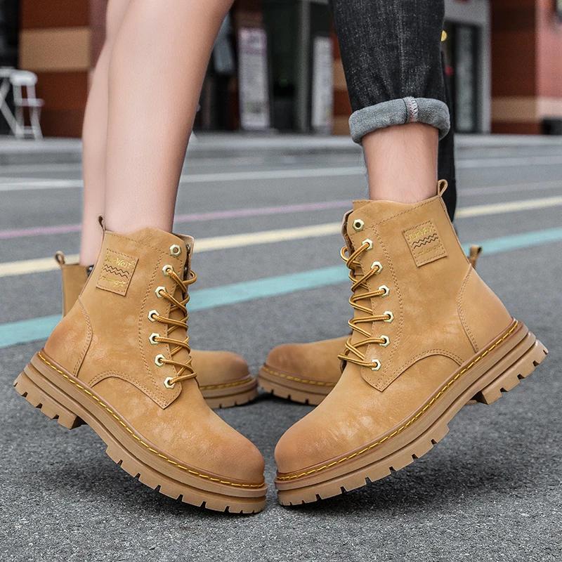 Bottes de moto en cuir véritable pour hommes, chaussures à lacets, fermeture éclair, haut, couple, a