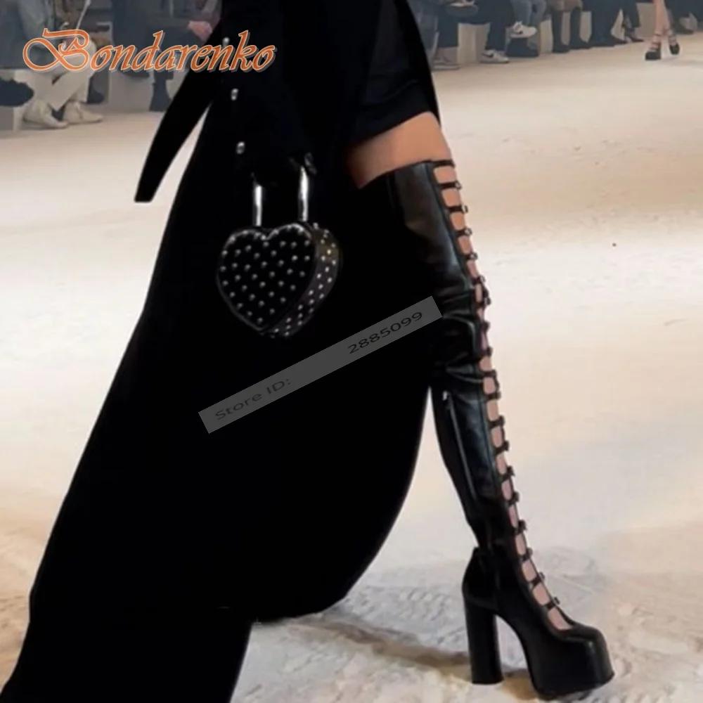 Boucles creuses sangles sandales bottes été dames chaussures concepteur bout rond gros talons hauts