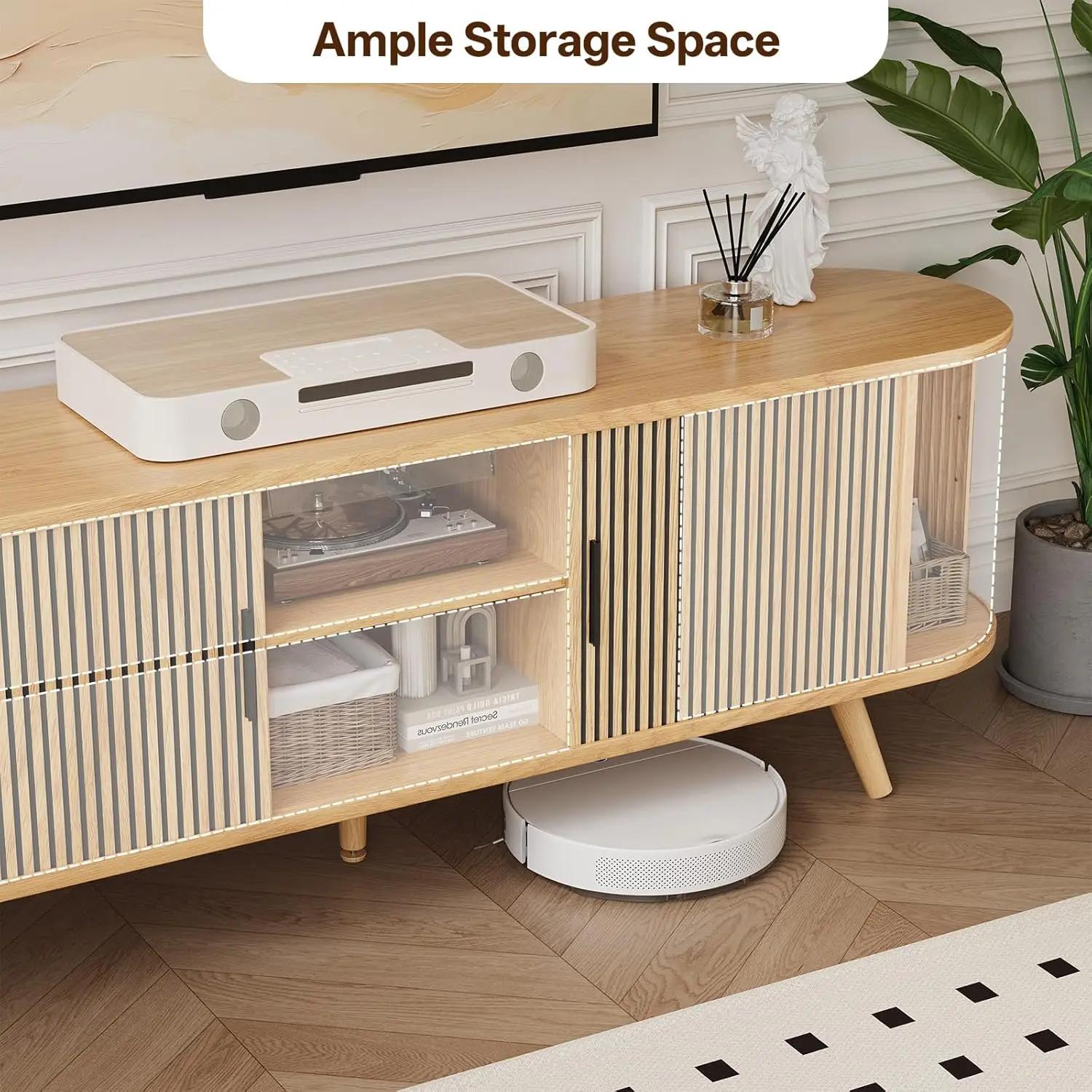 Meuble TV cannelé de 62 pouces de style Mid-Century avec porte coulissante, étagère réglable, consol