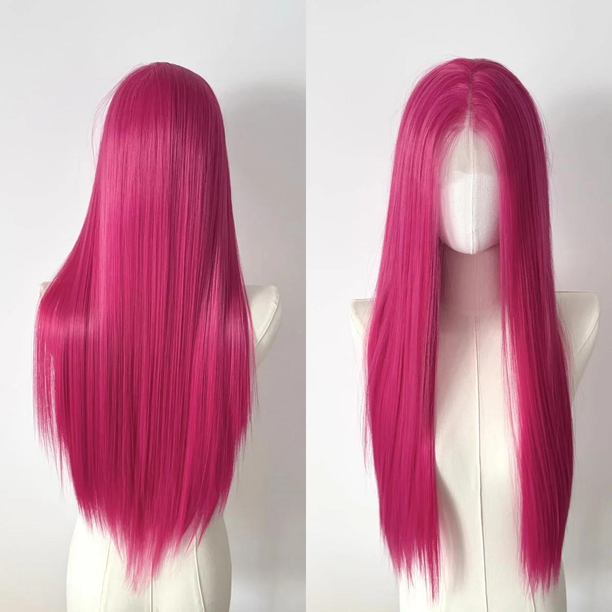 Perruque Lace Front Wig synthétique rose Ashely, 26 pouces, 13x4, longue et lisse, en Fiber résistan