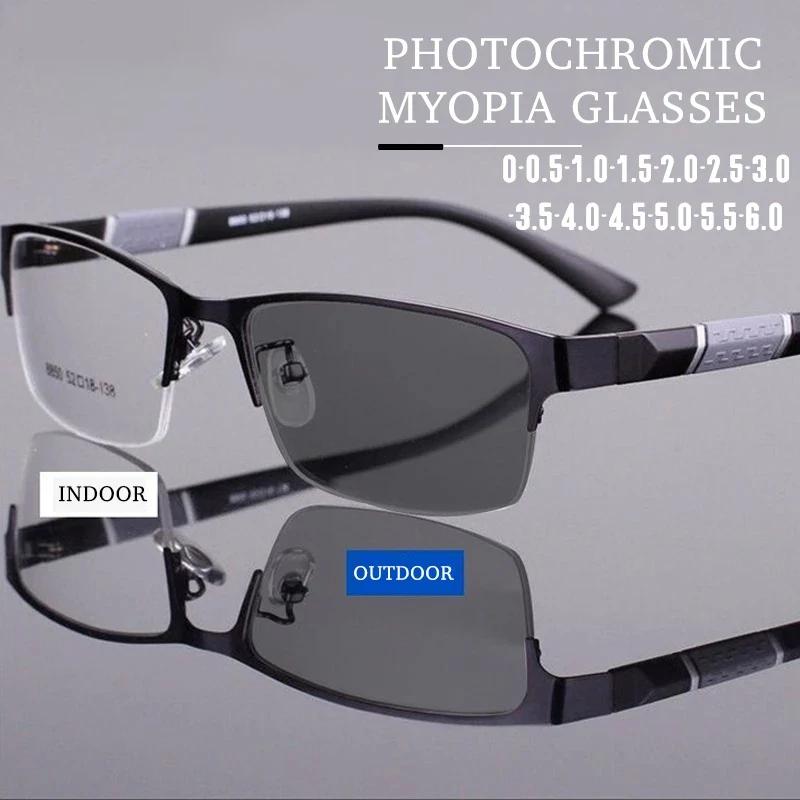 Lunettes de myopie photochromiques vintage pour hommes, demi-monture en métal, lunettes bloquant la 