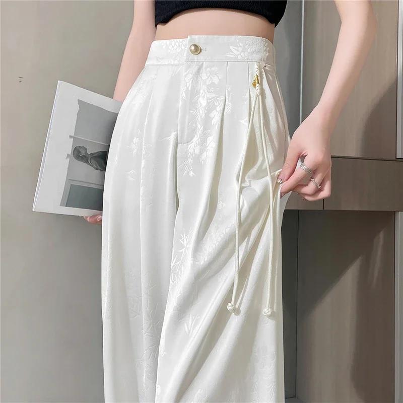 Nouveau Style chinois Jacquard jambe large Satin pantalon pour femmes élégant solide bureau dame déc