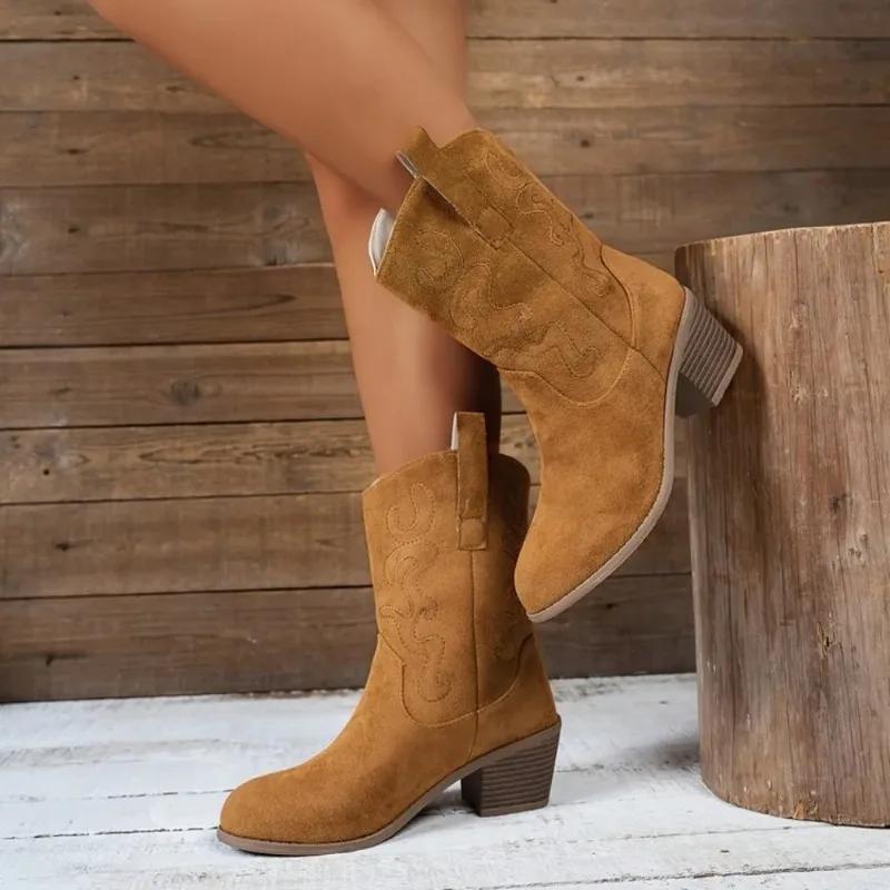 Bottines Western pour femmes, style cowgirl, vintage, bout pointu, talon épais, en cuir, à enfiler, 