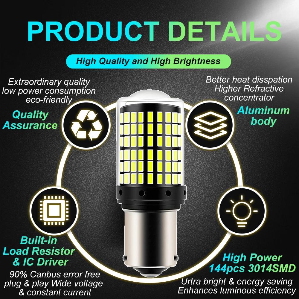 2pcs 1156 BA15S P21W BAU15S PY21W 7440 W21W P21/5W 1157 BAY15D 7443 3157 Ampoules LED 144smd CanBus 