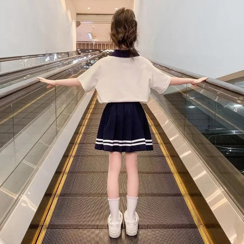 Ensemble de vêtements d'été pour adolescentes, t-shirt à revers et jupes plissées pour enfants, haut