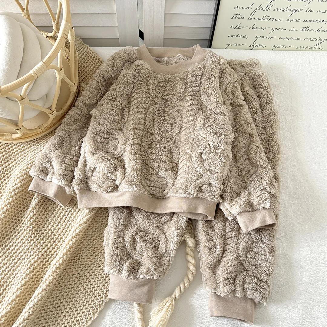 Ensemble pyjama en flanelle pour bébé, automne et hiver, style coréen, en peluche épaisse, vêtements