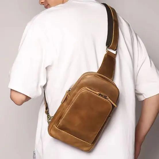 Sac à bandoulière en cuir véritable pour hommes, sac de poitrine vintage, sac de jour à bandoulière,