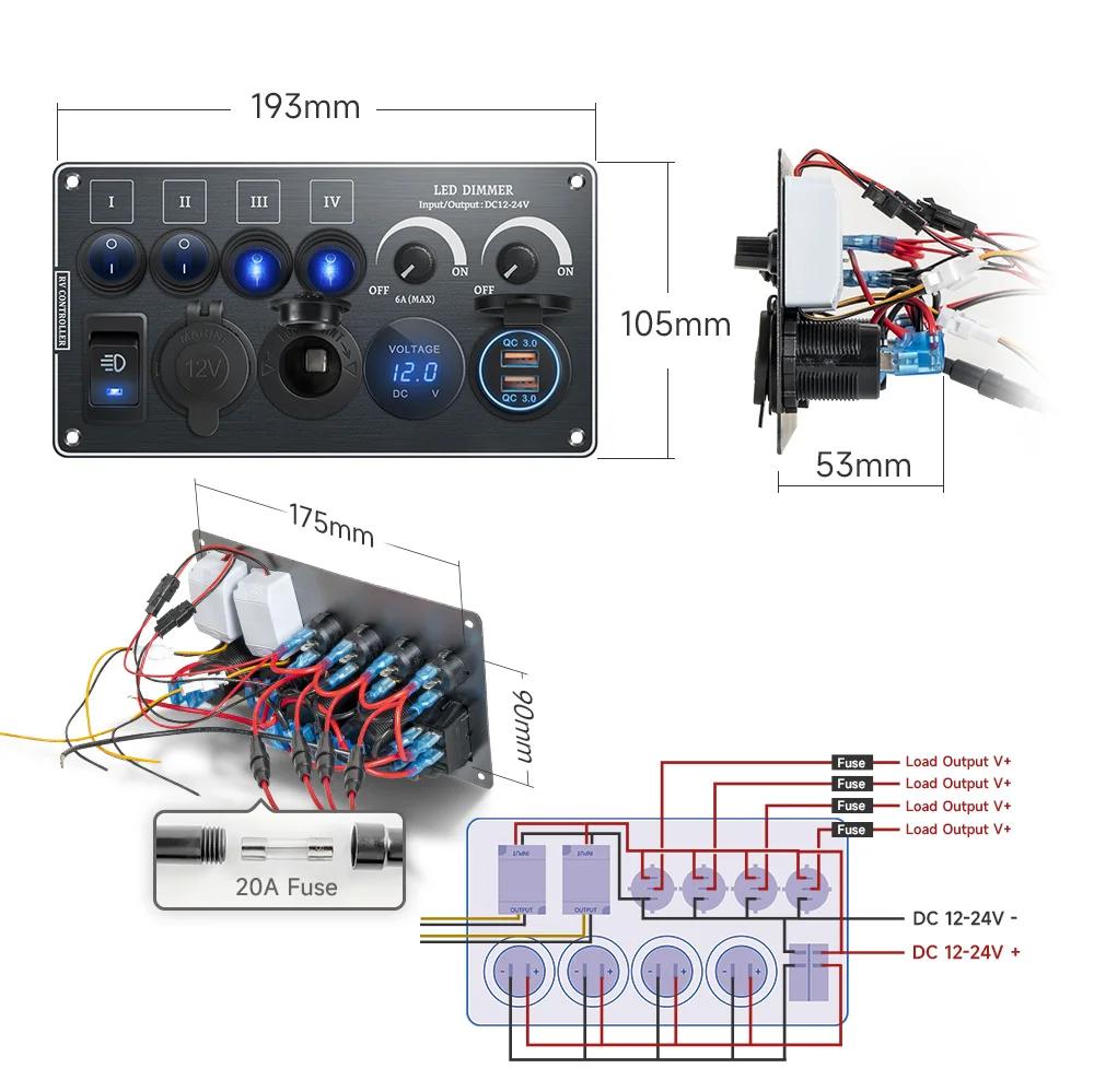 Interrupteur à bascule multifonctions, panneau en aluminium, variateur LED 12V 24V pour RV, double P