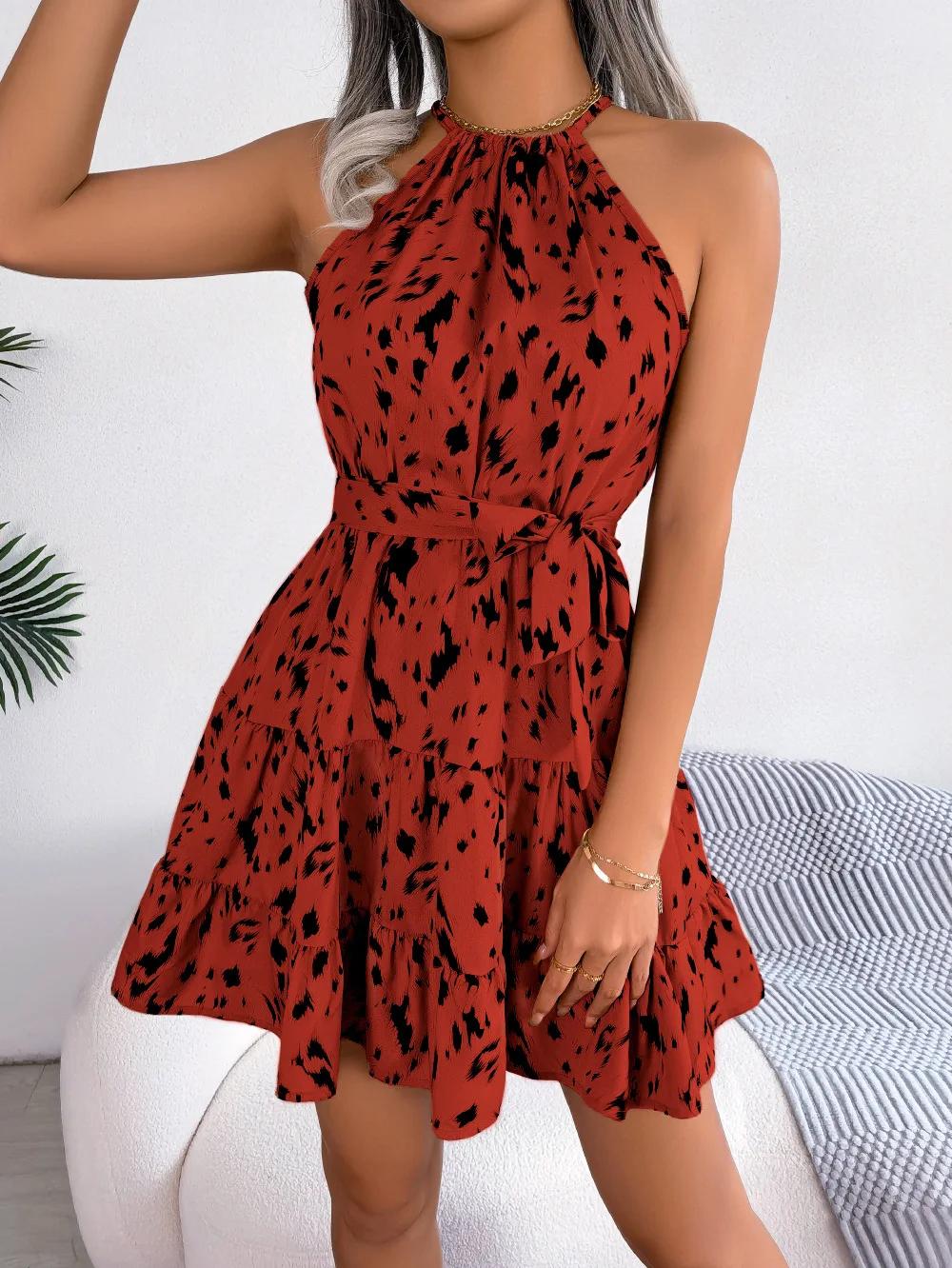 Mini robe à volants imprimé léopard pour femme, col licou sexy, mode printemps et été