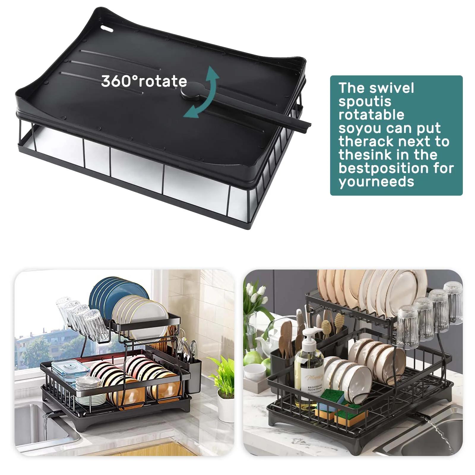 Support de rangement de cuisine, égouttoir à vaisselle à 2 niveaux avec bac d'égouttage et tapis d'é