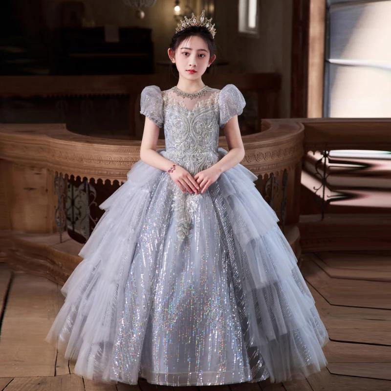 Robe de Soirée Princesse pour Filles, Robe de Cérémonie Enfant Fleuriste, Robe de Performance à Pail