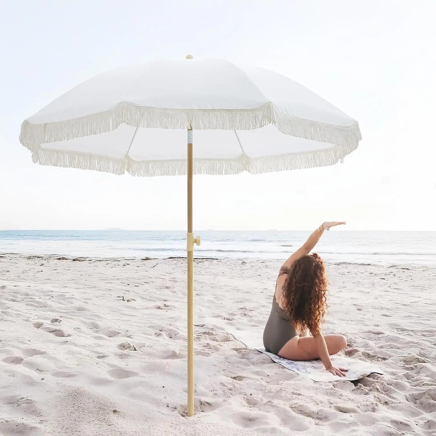 Parasol Bohème de 6,5 pieds avec franges, protection UPF50+, design inclinable pour la plage et les 