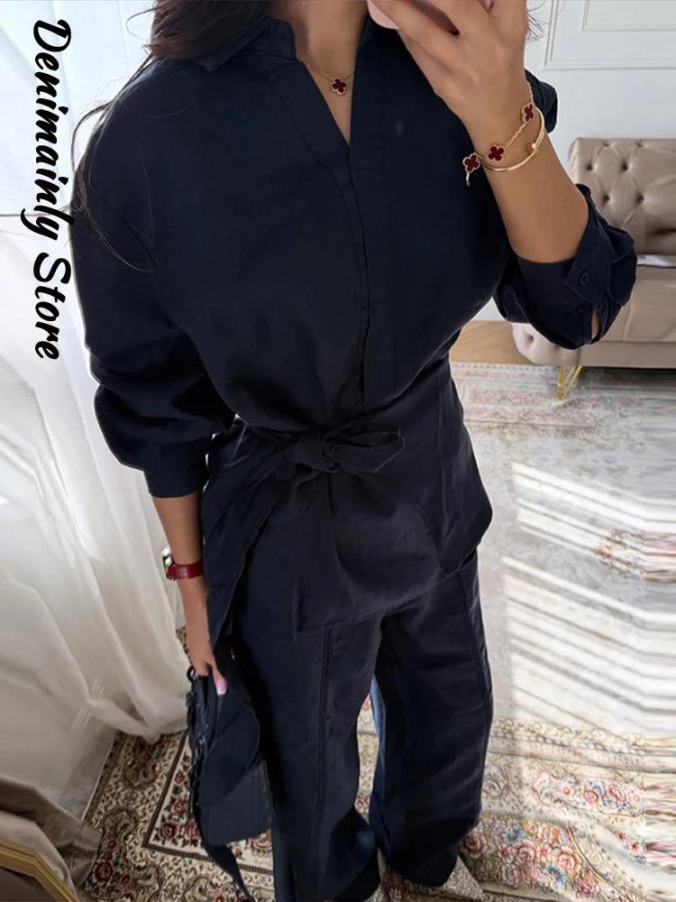 Ensemble décontracté 2 pièces en lin pour femme : chemise ample à col revers et lacets, pantalon lar