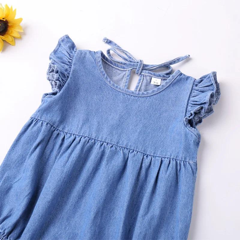 Barboteuse à volants pour bébés filles, barboteuse en coton et Denim, sans manches, body d'été, tenu