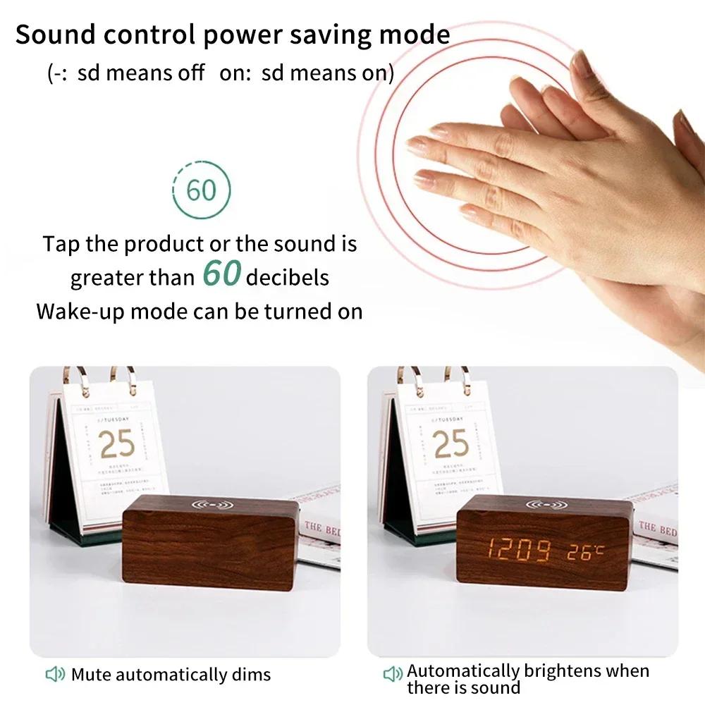 Réveil de bureau numérique LED en bois moderne, chargeur sans fil Therye.com avec chargeur sans fil
