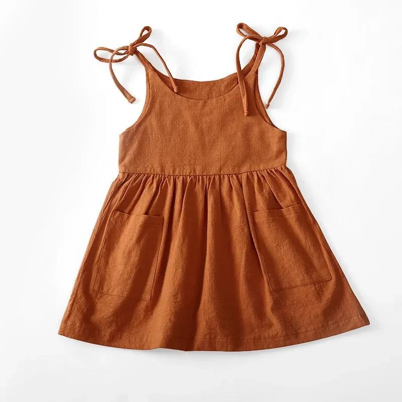Robe d'été en coton solide pour petites filles, sans manches, pour enfants, vêtements à la mode pour