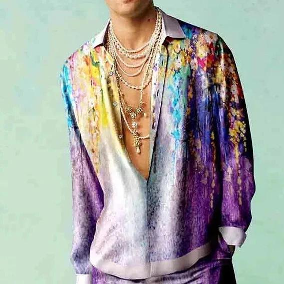Chemise pour hommes rétro musique motif floral imprimé coupe ajustée rue extérieure à manches longue