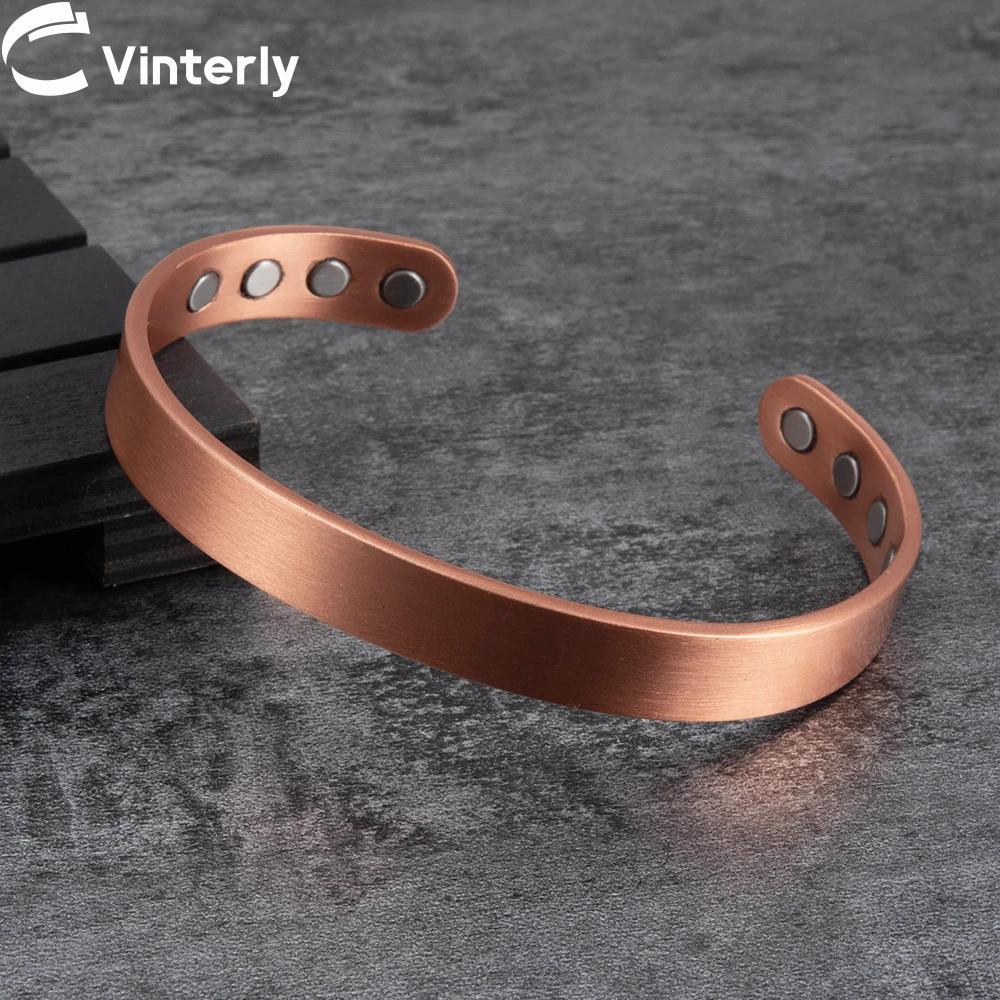 Vinterly-Bracelets magnétiques en cuivre pur pour hommes, réglables arthriquement, manchette ouverte