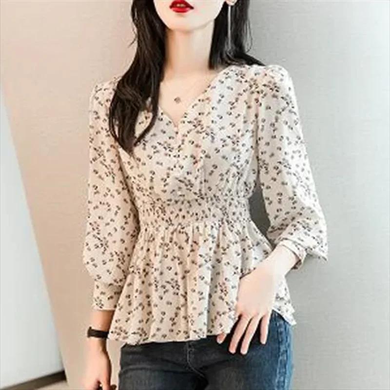 Chemise à col en V à boutons perlés pour femmes, chemise florale rétro, tunique, chemisiers à manche