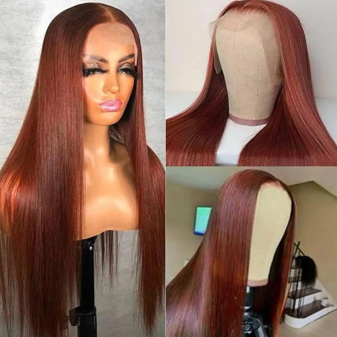 Perruque Lace Front Brésilienne Naturelle Cheveux Lisses, Brun Rousse, 13x4, 13x6, HD, 5x5, Pre-Pluc