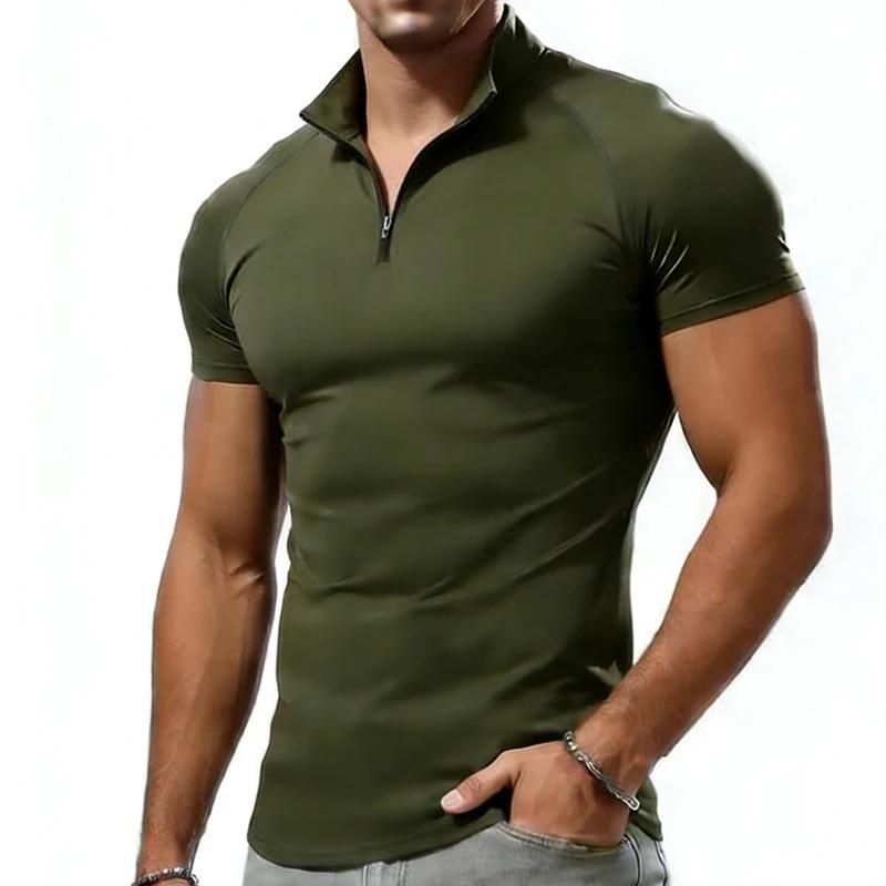 T-shirt de compression pour homme, col zippé, été, hauts décontractés, fitness, gym, coupe ajustée,