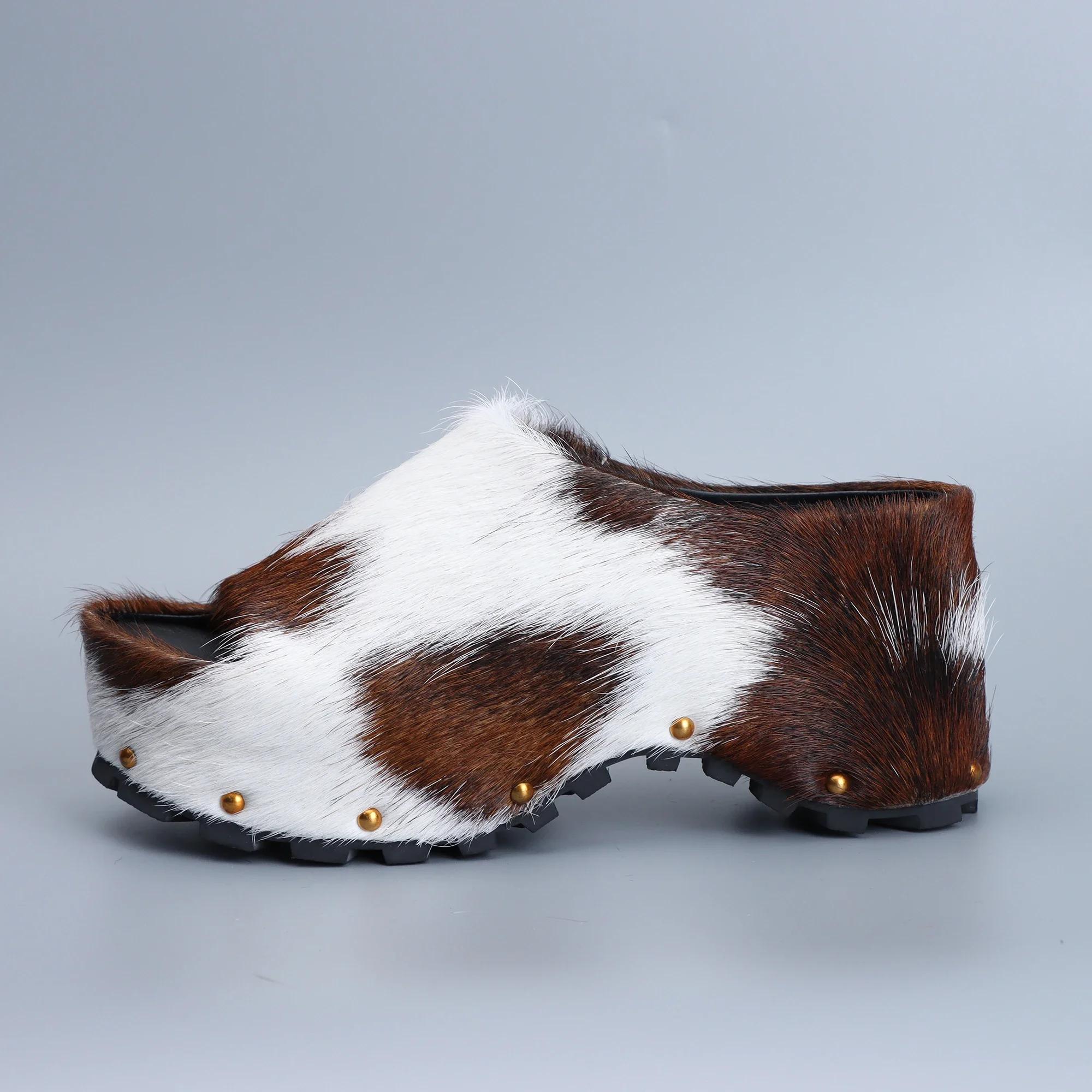 Mules à plateforme de luxe pour femmes, chaussures de styliste, en poils de veau véritable, doublées