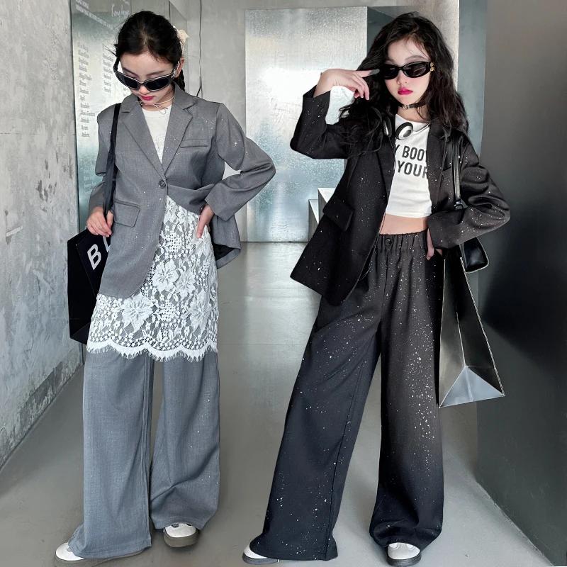 Design adolescente costume brillant ensemble noir gris Blazer + pantalon à jambes larges 2pc junior 