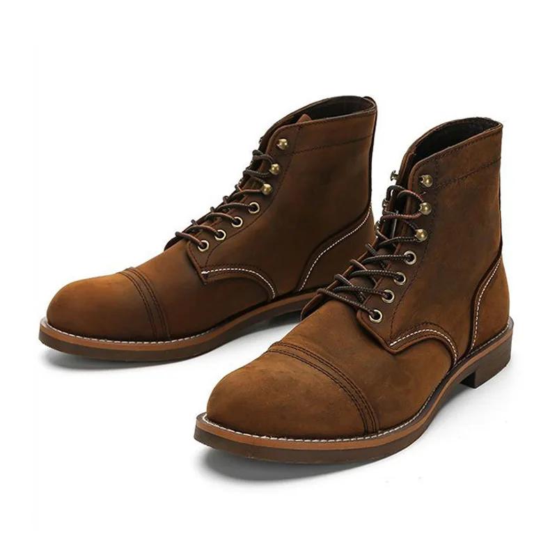 Amekaji Bottes de moto en cuir vintage, bottes du désert à bout pointu véritable avec semelle épaiss