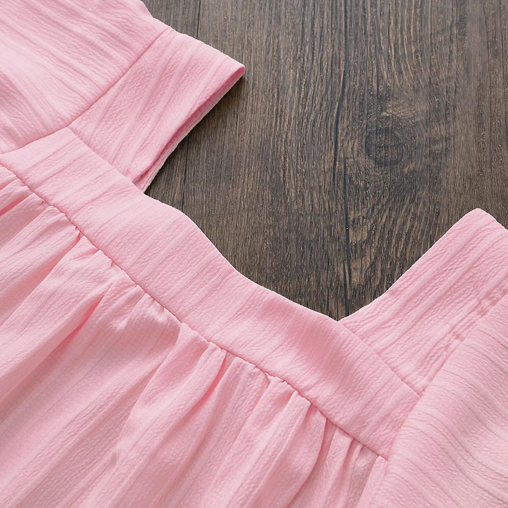 Costume pour enfants, Style vacances, couleur unie, broderie de fleurs, col carré, haut à manches co